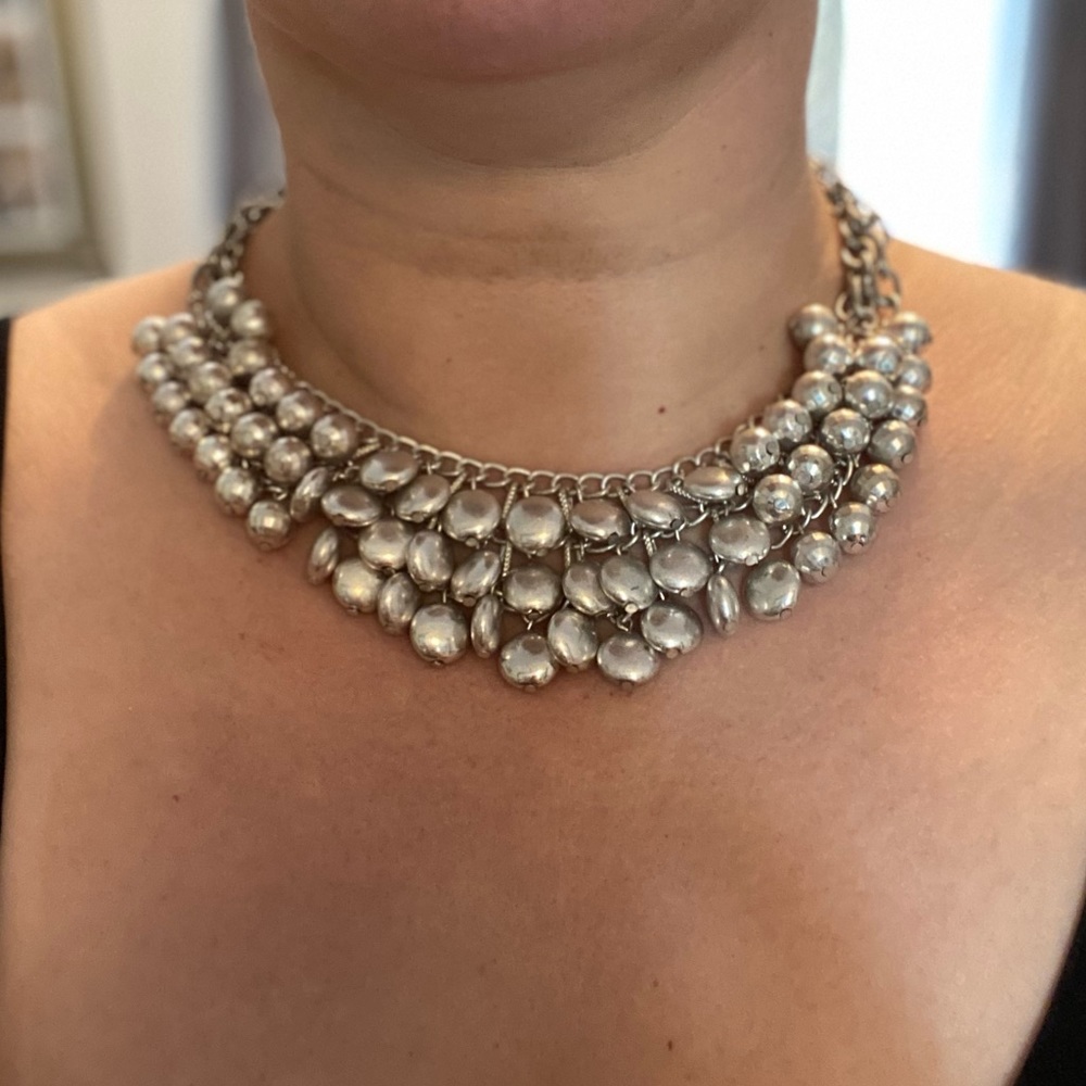 Silver fashion necklace - 3 strands, 2 different style beads. Choker style.